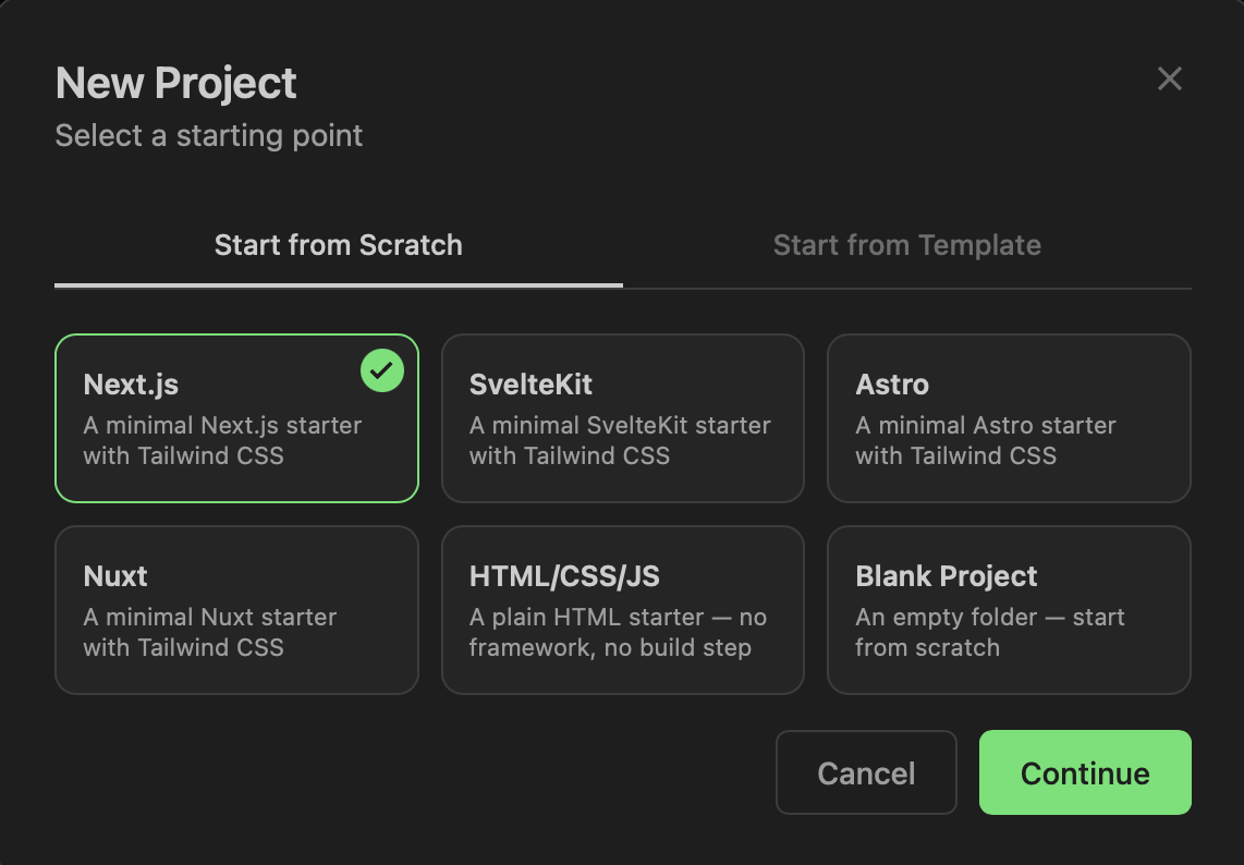 New Project dialog in Ship Studio — Next.js, SvelteKit, Astro, Nuxt, HTML/CSS/JS, and a blank starter to choose from