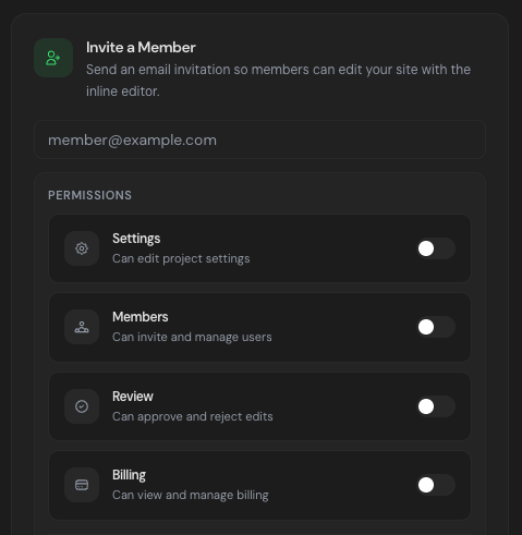 Inviting a client into Ship Studio with granular edit permissions — Settings, Members, Review, and Billing toggles