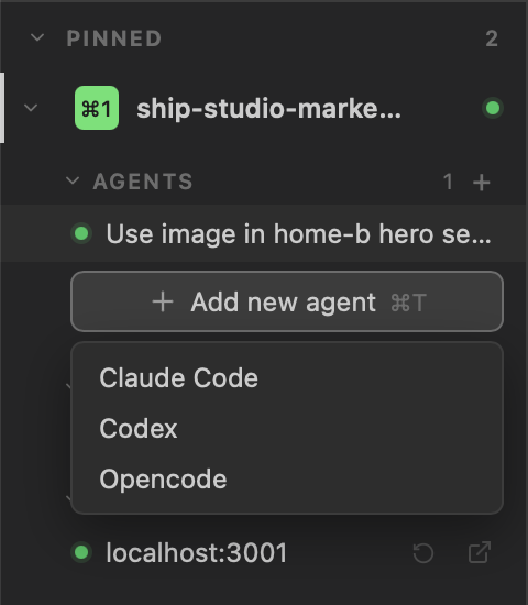 Agent picker in Ship Studio — Claude Code, Codex, and Opencode all selectable for the same project