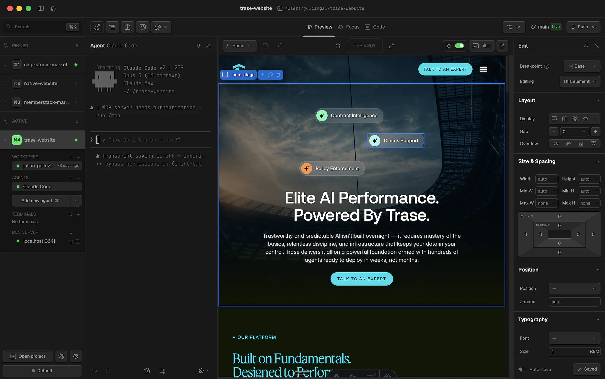 Ship Studio in use — Claude Code building a site on the left, the live preview in the middle, and the visual Edit panel on the right, with GitHub and deploys in the same window