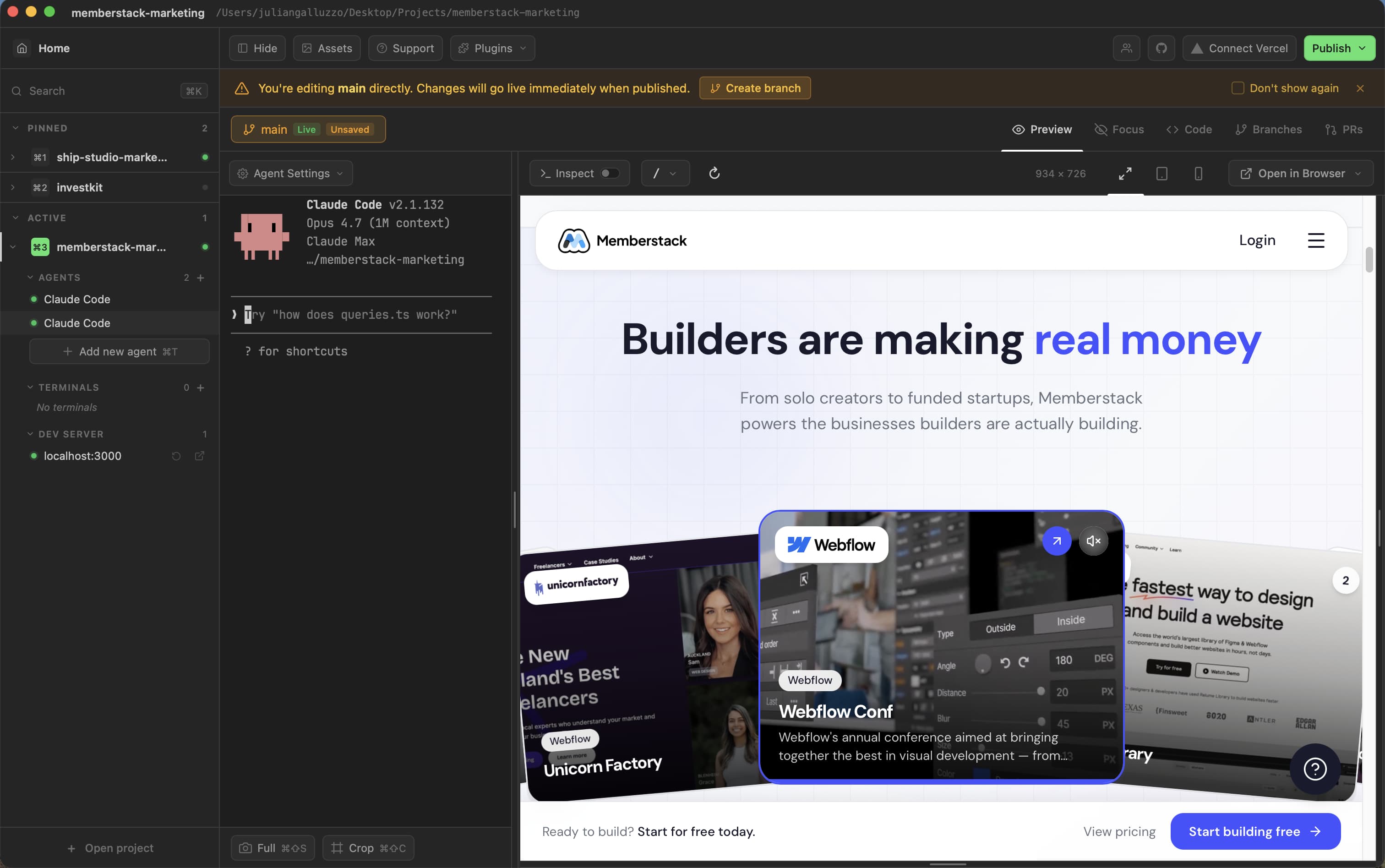 Ship Studio in use — Claude Code editing memberstack.com with the live preview running alongside