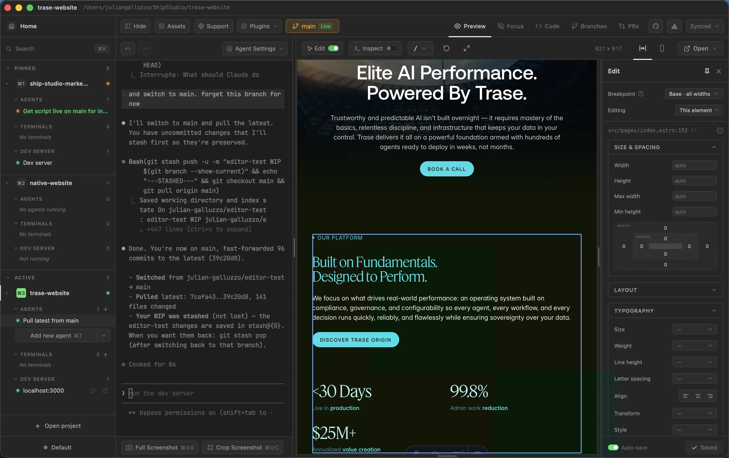 Ship Studio in use — an AI agent editing a site with the live preview, GitHub, and deploys alongside in one window